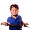 Boldog gyermek lovagls v Bicikli elszigetelt fehr Stock fot